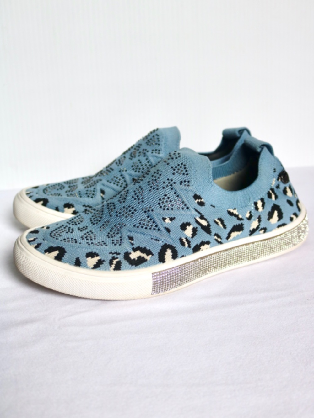 BERNIE MEV. Gardenia Women's Slip On Knit Shoe Rhinestone Steel Blue Size 39